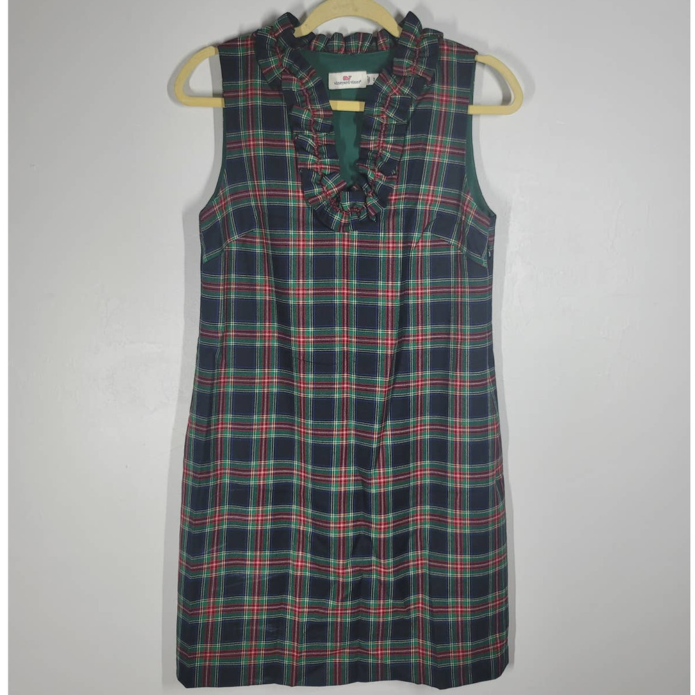 Vineyard Vines Shift Dress Size 2 Ruffle Neck Sleeveless Tartan Plaid Wool Blend